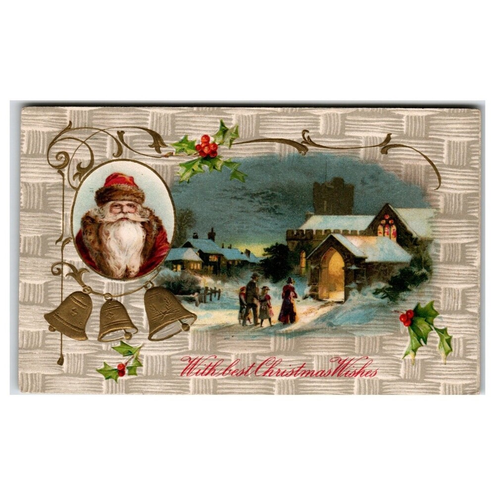Vintage Old World Santa Claus Christmas Postcard 1908 Snowy Village Church Scene